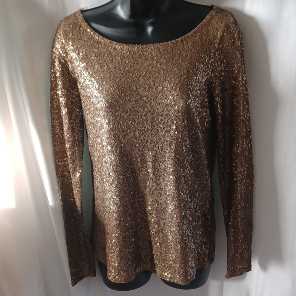 J. Crew Gold Sequin Boatneck Top Women's XS Long Sleeve, 17" pit to pit